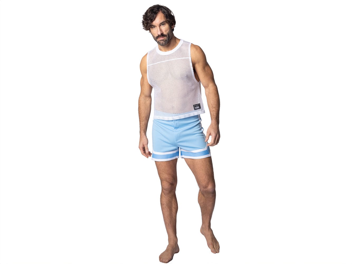 light blue BIKE® athletic stripe coaches short