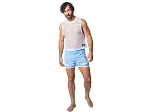  Man wearing light blue BIKE® athletic stripe coaches short