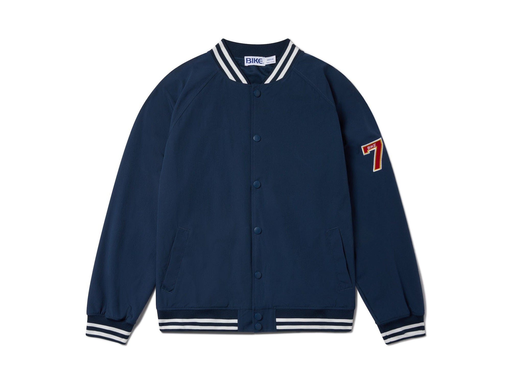 Navy BIKE® varsity bomber jacket