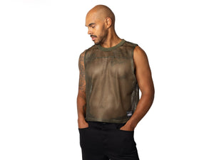 Man wearing olive BIKE® sleeveless mesh shirt