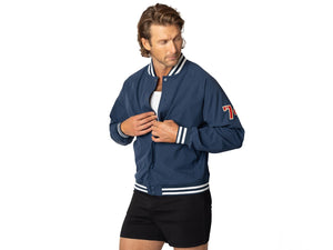 Man wearing navy BIKE® varsity bomber jacket