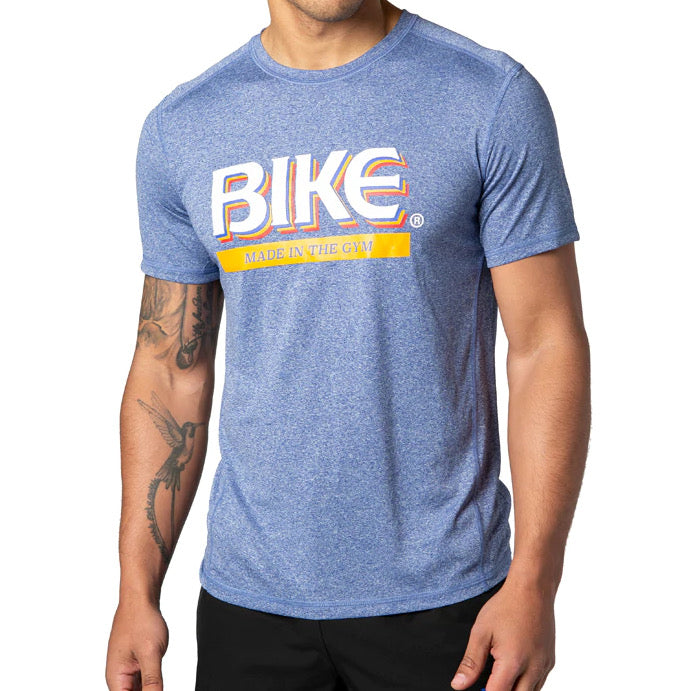 Man wearing blue BIKE® logo t-shirt
