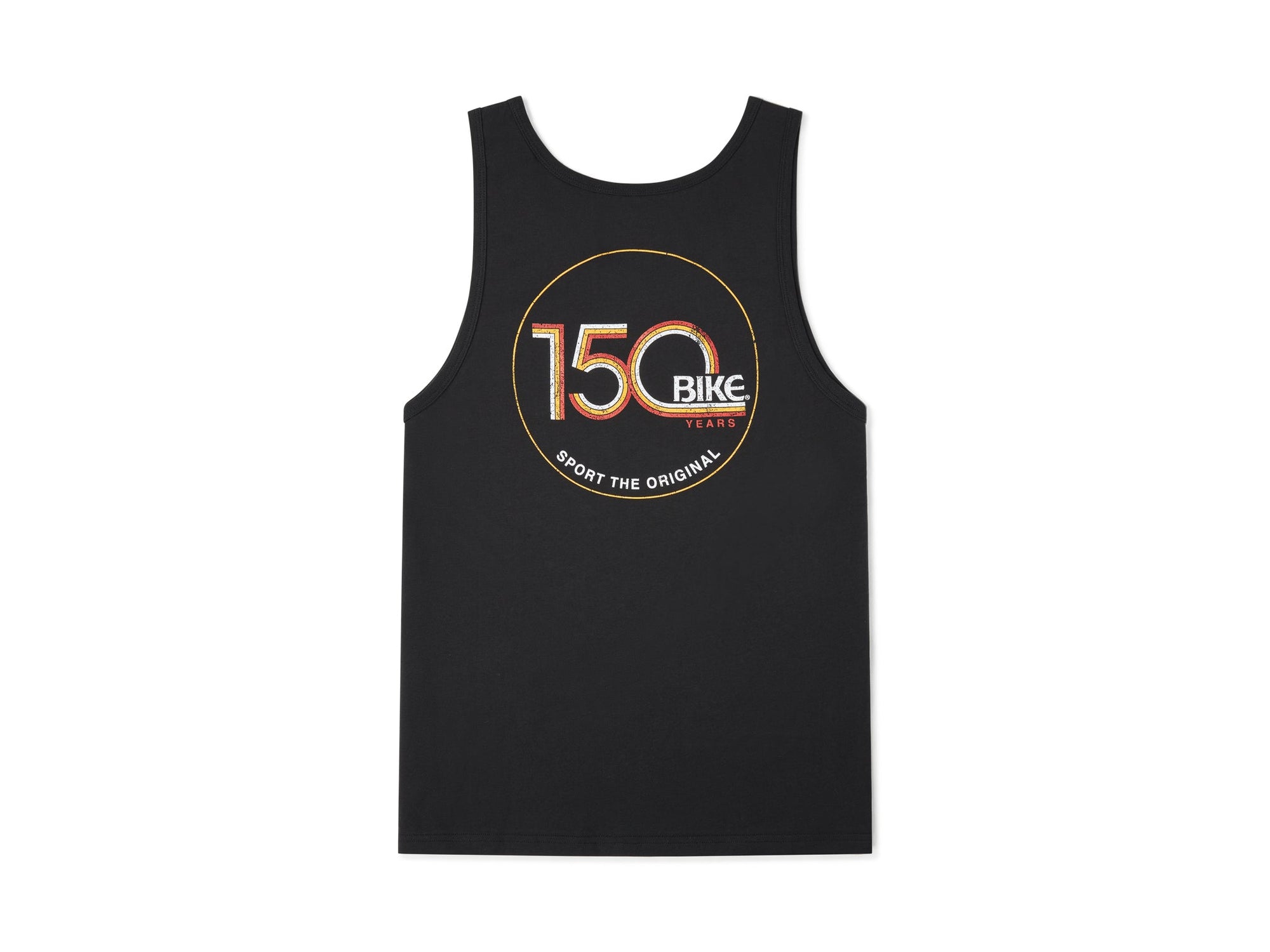 Back of black Bike Athletic Tank top with 150th Anniversary Logo