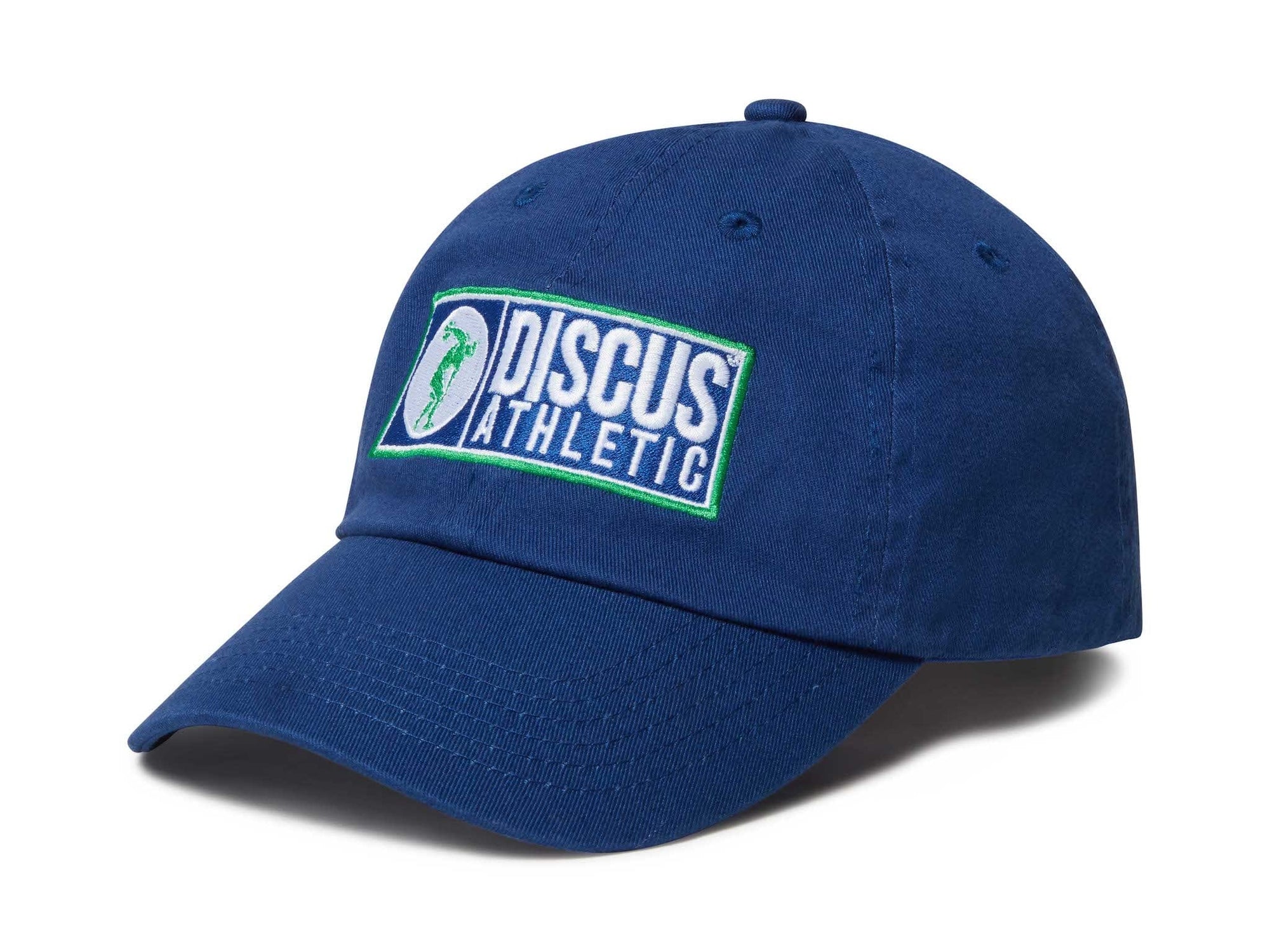 Blue discus athletic logo cap