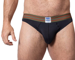 Front of man wearing black Bike Athletic thong underwear 