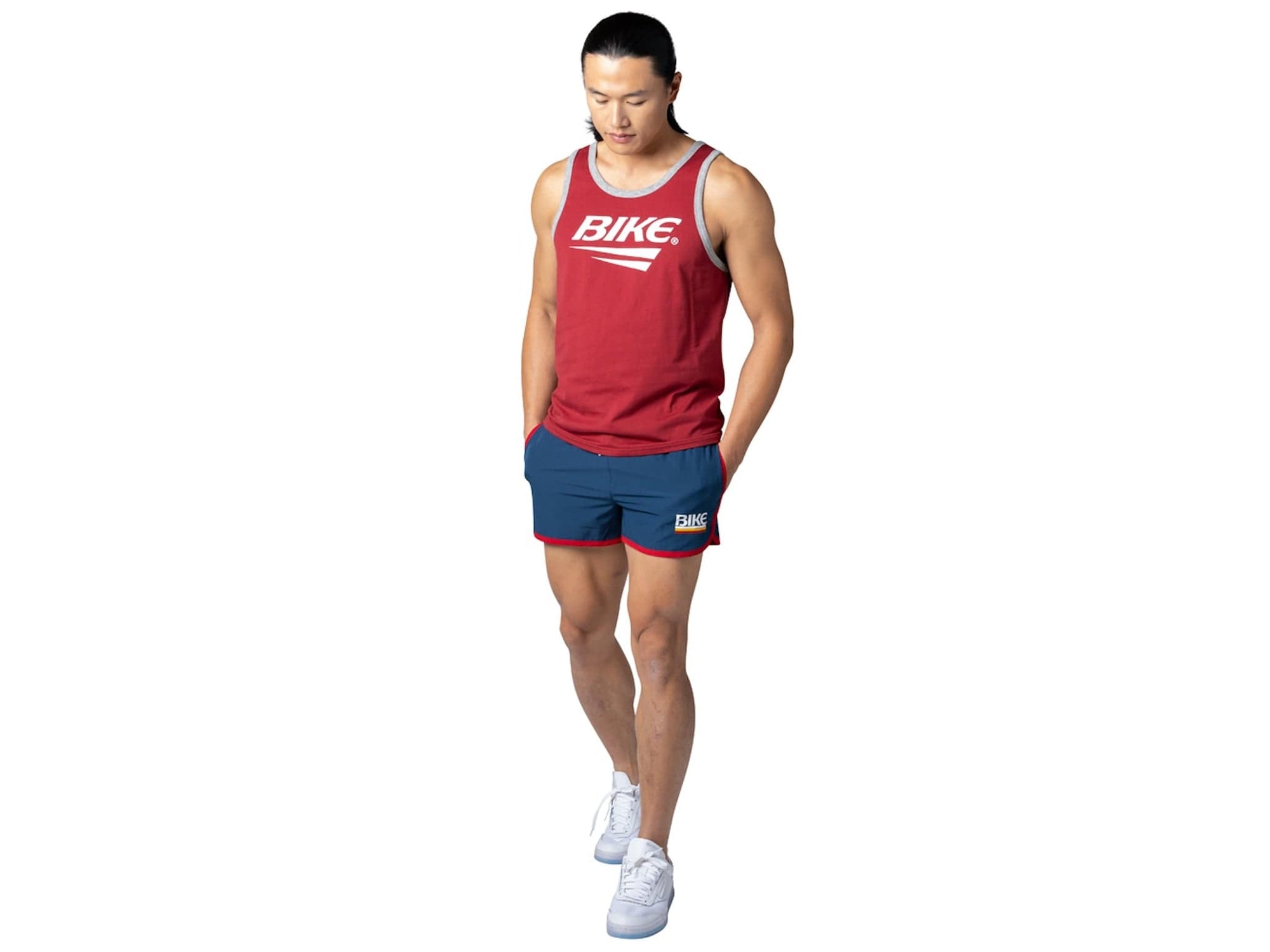 Man wearing blue BIKE® track short