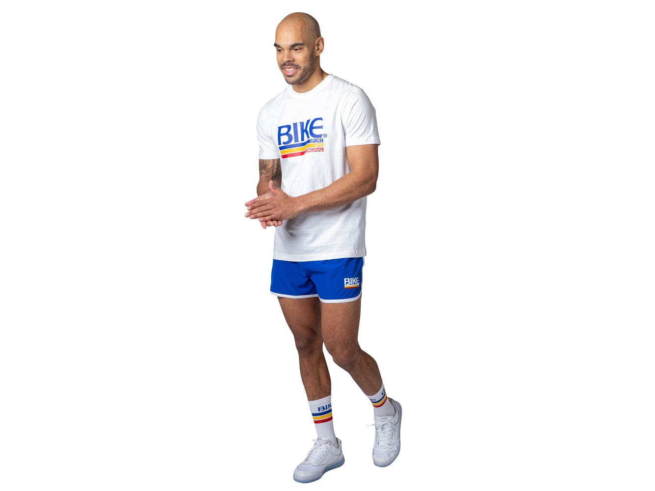 Man wearing blue BIKE® track short