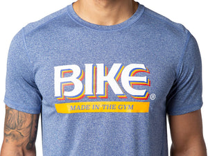 Chest of man wearing university blue Bike Athletic Active Logo T-shirt reading "Bike: Made In The Gym"