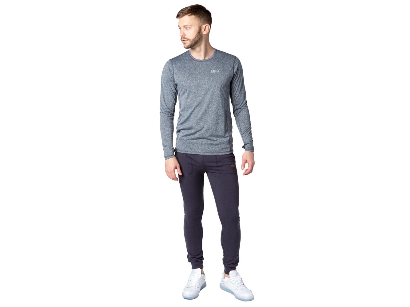 Man wearing blue BIKE® long sleeve tshirt