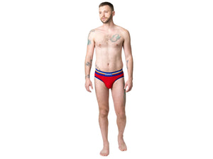 Man wearing red Bike Athletic underwear briefs