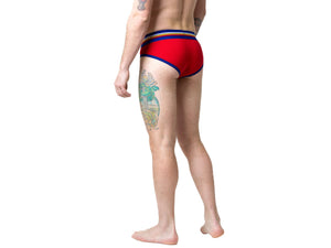 Back of man wearing red Bike Athletic underwear briefs