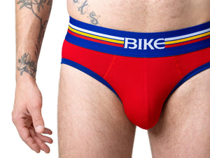 Close-up of man wearing red Bike Athletic underwear briefs