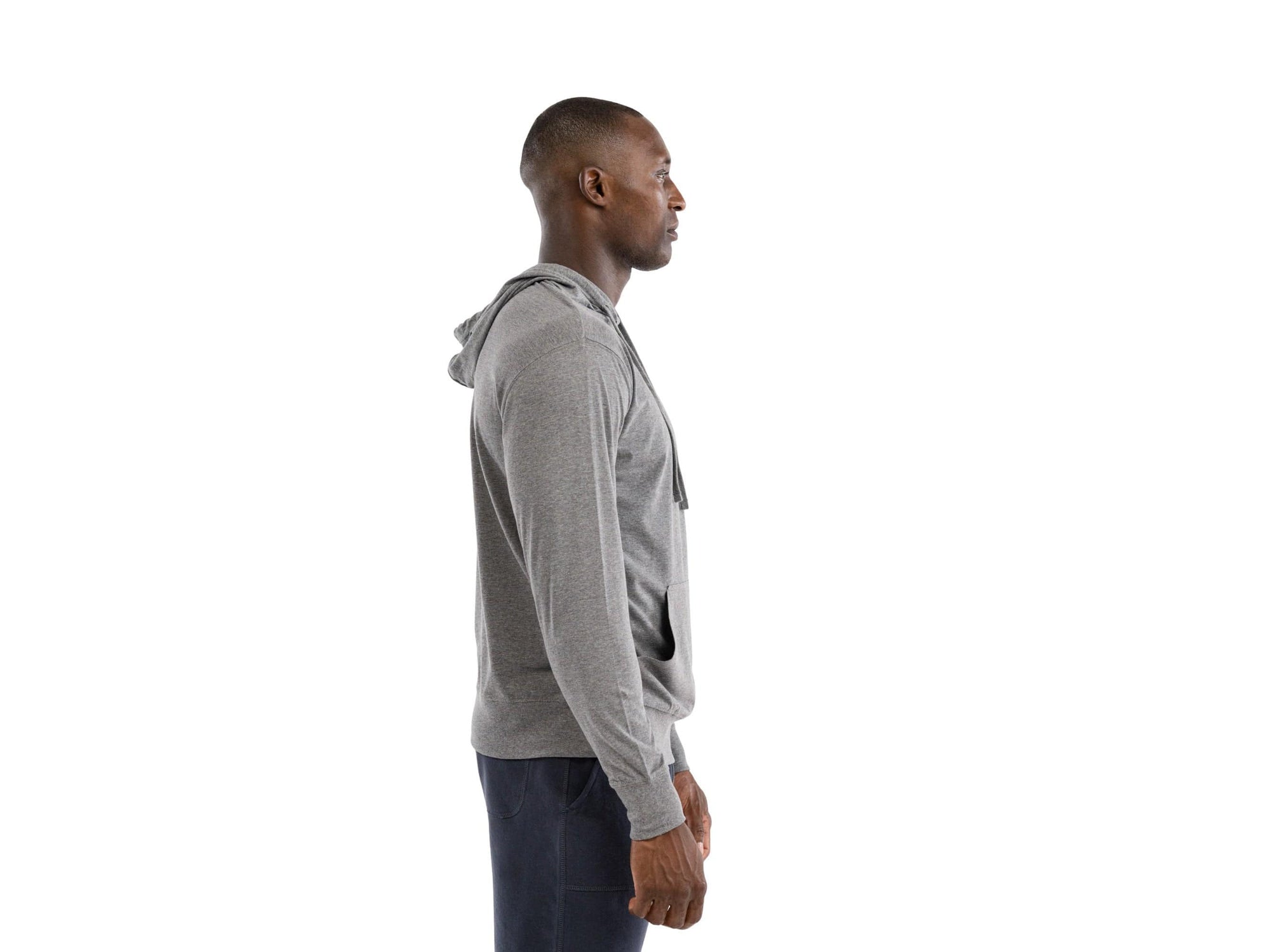 Man wearing lightweight grey BIKE® long sleeve hoodie