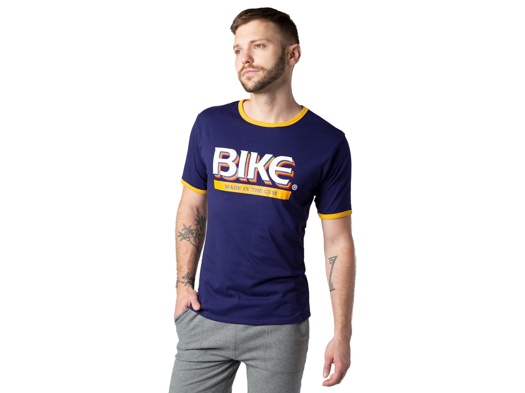 Man wearing blue BIKE® logo tshirt