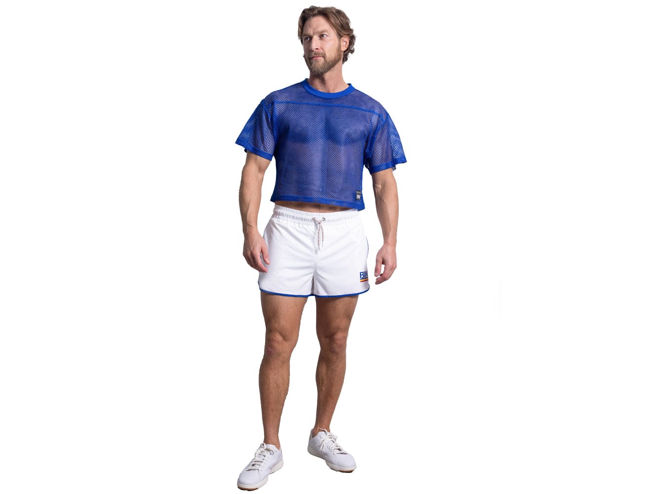 Man wearing royal blue BIKE® mesh shirt