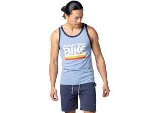 Man wearing light blue BIKE® logo tank top