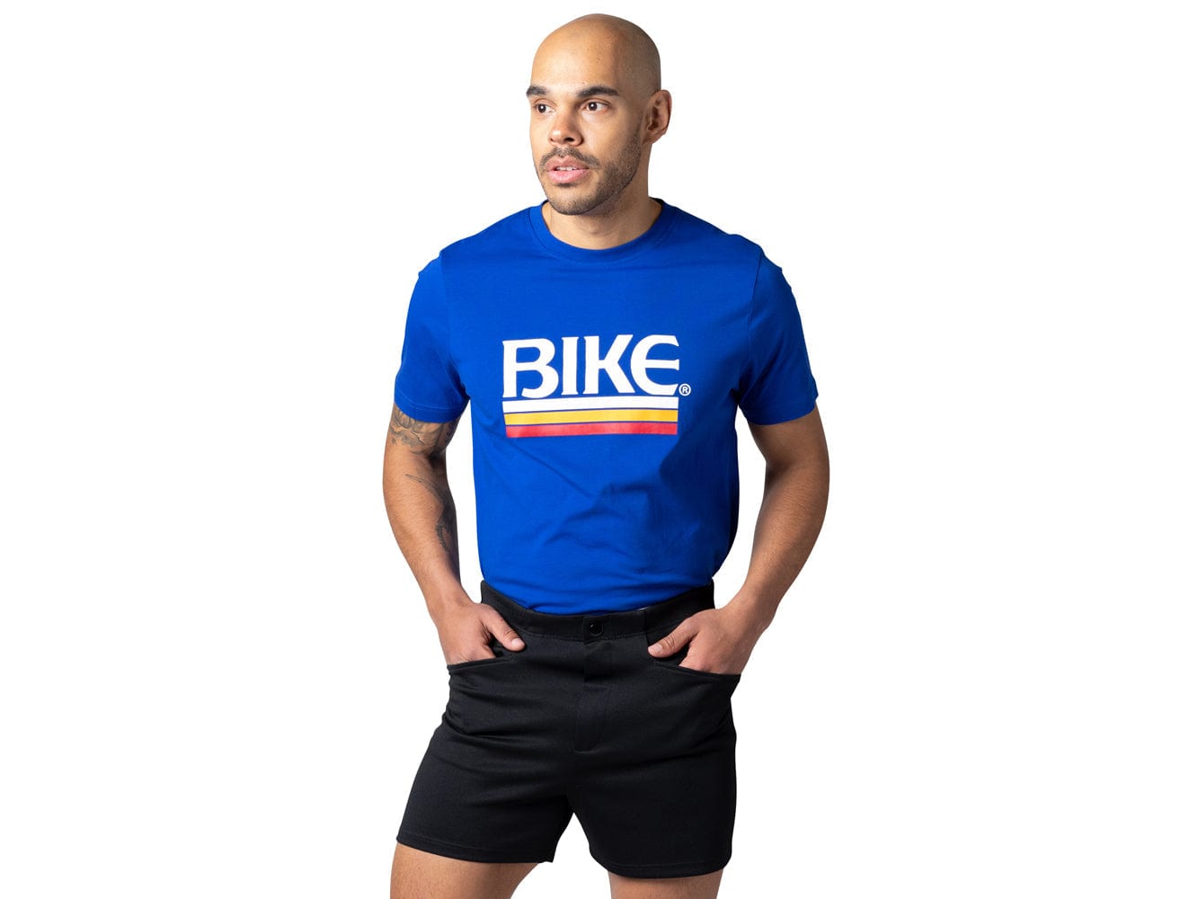 Man wearing blue BIKE® logo tshirt