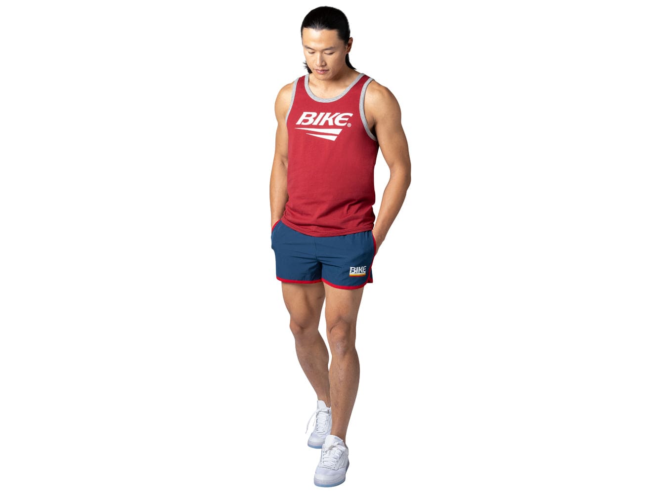 Man wearing red BIKE® logo tank top