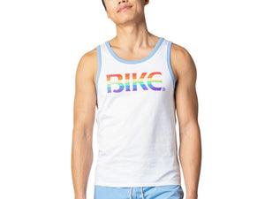 Man wearing white Pride BIKE® logo tank top