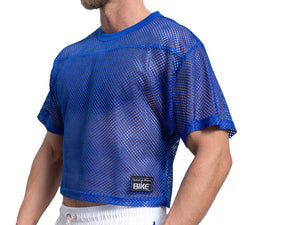 Man wearing royal blue BIKE® mesh shirt