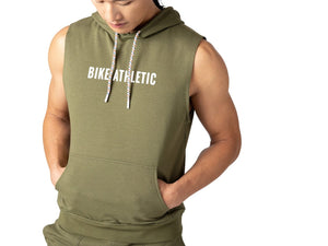 Man wearing olive sleeveless BIKE® hoodie