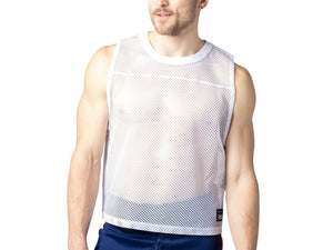 Man wearing white BIKE® sleeveless mesh shirt