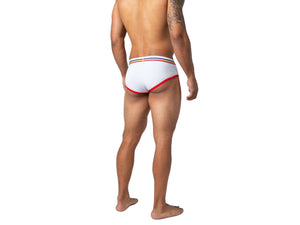 Back of man wearing white Bike Athletic underwear briefs